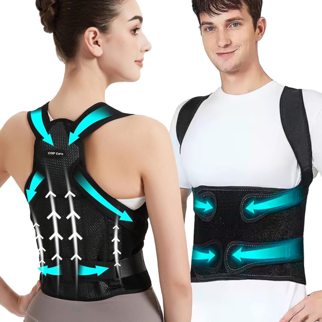 Picture of a male and female wearing a posture belt.