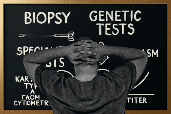Man looking at a board showing Biopsy and Genetic Tests with medical terms and illustrations.
