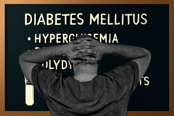 Man looking at a chart showing Diabetes Mellitus, hyperglycemia, and related terms.