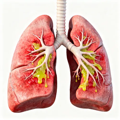 Medical illustration of human lungs showing mucus buildup and inflammation, representing bronchitis infection.