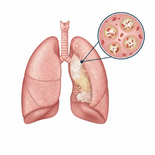 Illustration showing lung infection caused by pneumonia, with inflamed alveoli filled with fluid and pus highlighted in a magnified view.