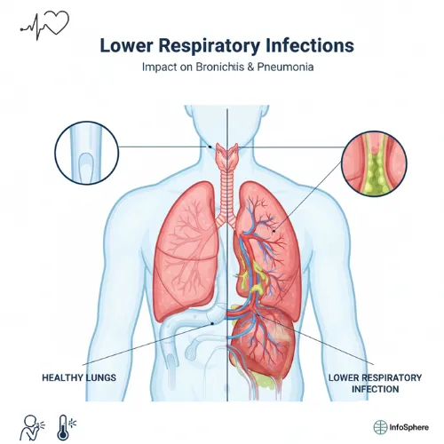 Medical illustration comparing healthy lungs with infected lungs affected by bronchitis and pneumonia, showing inflammation and mucus buildup in the lower respiratory tract.