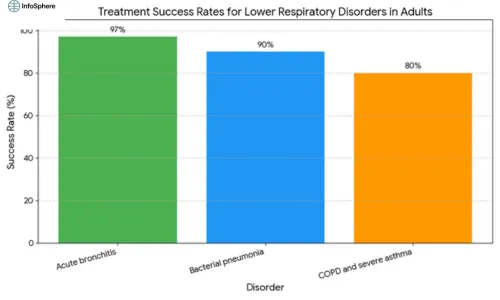Bar chart showing treatment success rates for lower respiratory disorders in adults: Acute bronchitis (97%), Bacterial pneumonia (90%), and COPD/severe asthma (80%).