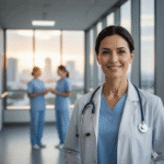 Smiling female doctor wearing a white coat and stethoscope, standing confidently in a hospital corridor with two medical professionals talking in the background.