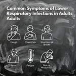 Infographic showing common symptoms of lower respiratory infections in adults, including cough, chest pain, shortness of breath, fever, fatigue, and mucus production, with matching icons.
